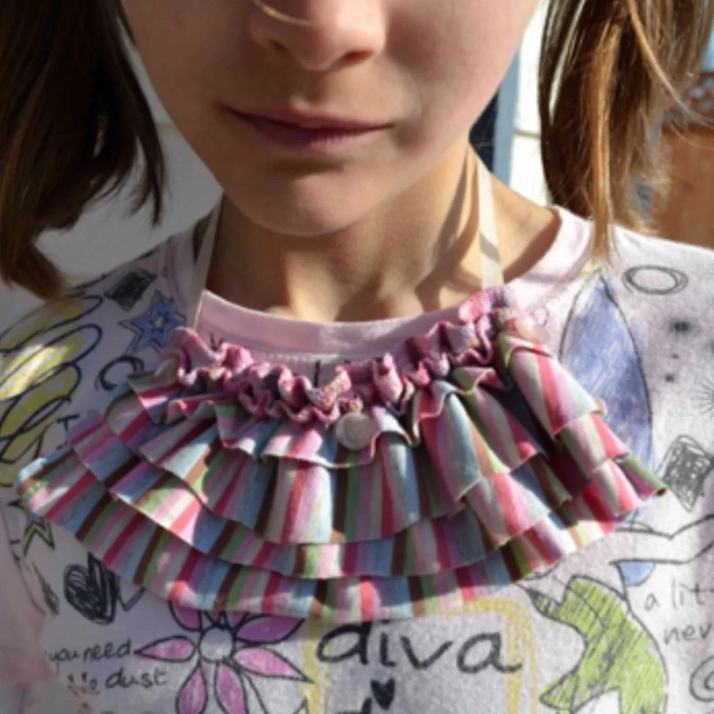 Handmade ruffle fabric necklace multicolored striped & vintage pearlized buttons